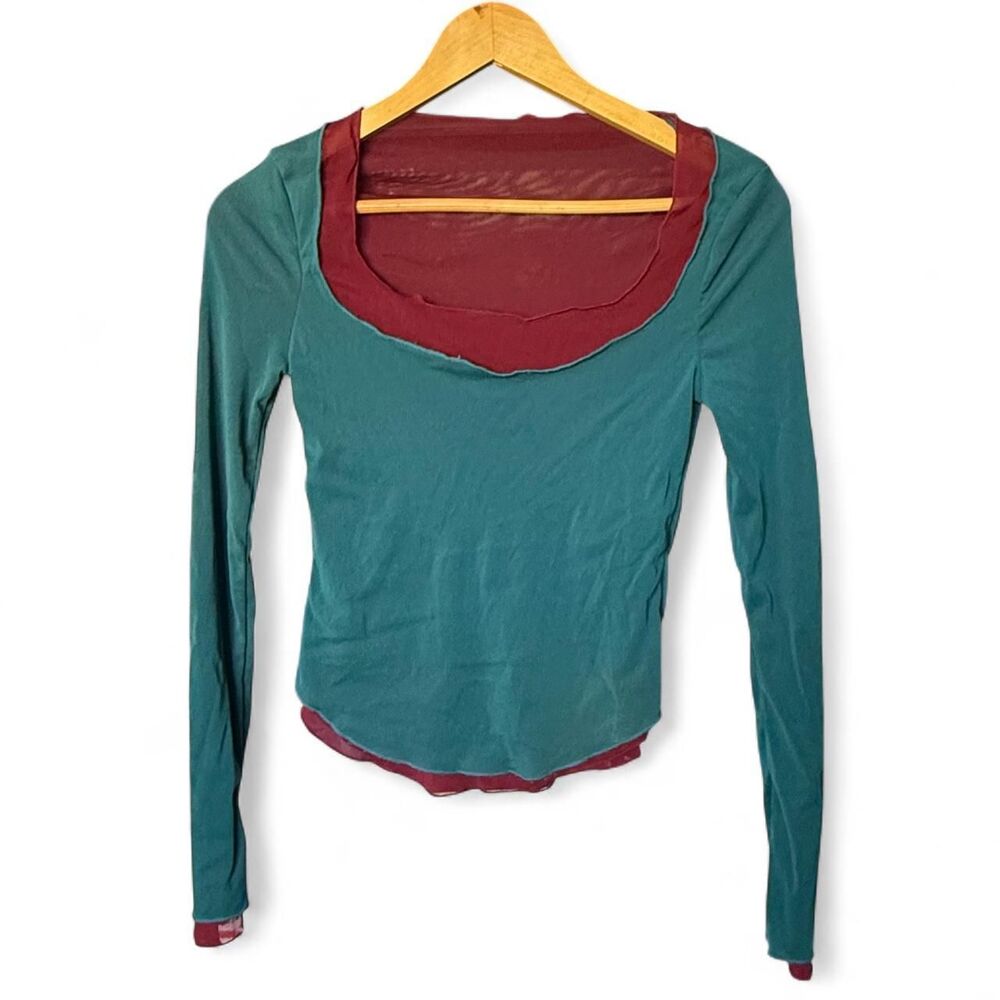 Free People Double Take Layered Mesh Top Teal Burgundy XS